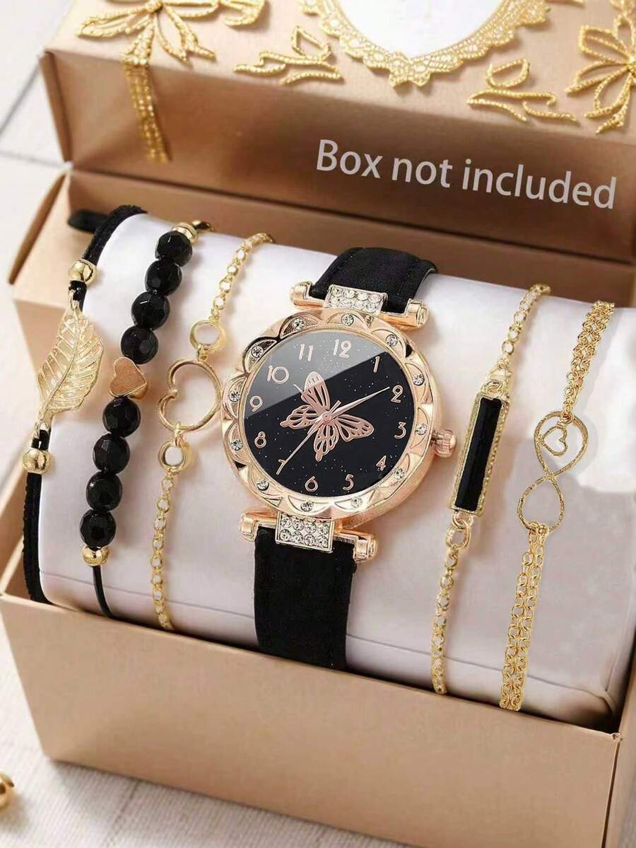 6 件套女士皮带时尚钻石花瓣数字表盘石英表 + 手链套装，母亲节礼物，生日礼物