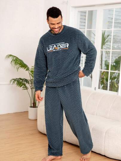 Plus Size Men's Coral Fleece Long Sleeve Pajama Set, Comfortable Home Wear, Warm Casual Loungewear For Autumn/Winter