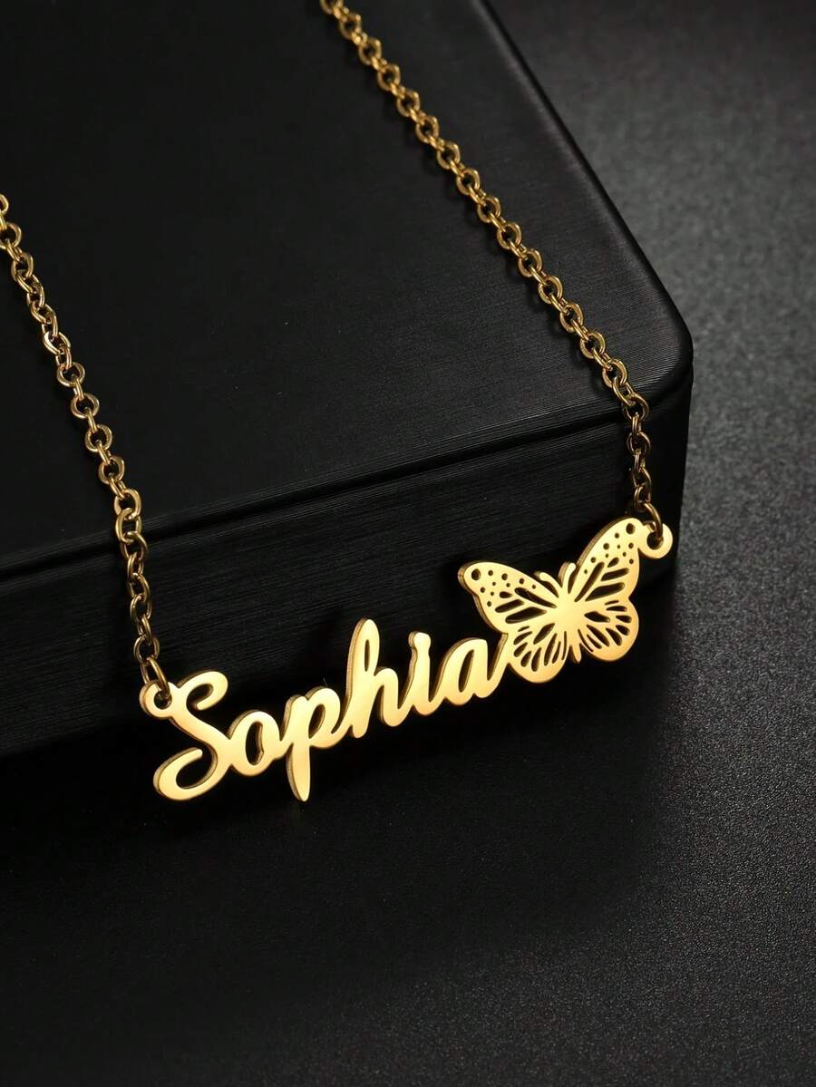 Personalized Butterfly Name Pendant Necklace - Elegant Minimalist Design, Stainless Steel Material, Customized Fashion Jewelry, Perfect Gift For Her, Everyday Wear And Gift Giving - No Plating, No Inlay - One Size - View 1