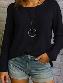 Womens Loose Tunic Tops Long Sleeve Round Neck Solid Color Shirts Spring Fall Blouses - Black - View 2