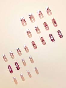 24 móng tay giả hình trái tim đỏ và hoa, thích hợp cho bé gái và phụ nữ, lý tưởng cho ngày lễ tình nhân, các dịp mùa thu/đông, bao gồm gel thạch và dũa móng - Nhiều màu - Xem 2