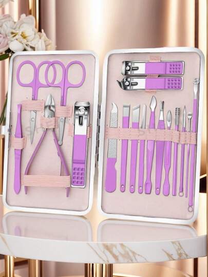 Juego de manicura de 18 piezas, kit profesional de cortaúñas, herramientas de cuidado de pedicura de acero inoxidable, kit de aseo para mujeres para viajes o cuidado de belleza en el hogar