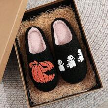 Pantuflas de calabaza de felpa acogedoras de Halloween, diseño esponjoso antideslizante - Combinación H - Ver 7