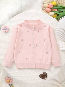 Girls' Knitted Round Neck Handmade Floral Embroidery Cardigan - Pink - View 1
