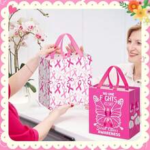 24件乳腺癌宣传礼品手提袋粉色丝带布袋带手柄女士派对用品无纺布节日礼品袋 - 粉色 - 查看 2