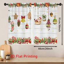 1 buc/2 buc Perdea de Crăciun cu Imprimare 2D Plată, Set de Valance de Bucătărie, 52in*18in, 26in*36in - Moș Crăciun, Ace de Pin, Glob de Arc, Ciorap de Crăciun, Design Căsuță de Turtă Dulce, Fundal cu Stea din Lemn, Fibră de Poliester Semitransparentă, Buzunare cu Bară, Perdea Mică pentru Bucătărie, Living, Dormitor - Perdea de Sărbători de Iarnă, Lavabilă la Mașină, Decorațiune de Fereastră de Crăciun