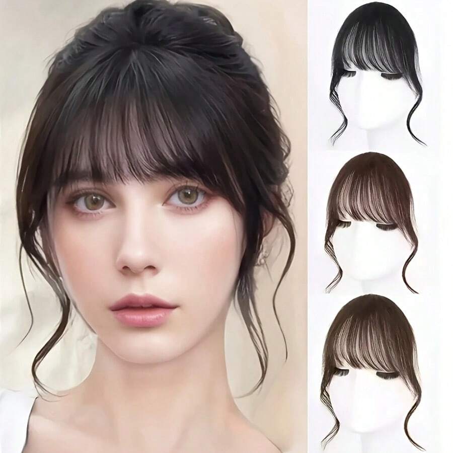 Peluca con flequillo rizado para mujer, de aspecto natural y cómoda de llevar, se ajusta perfectamente a la frente, hecha de cabello sintético de alta calidad, con flequillo estilo francés, perfecta para festivales de música, fiestas de Navidad y otras ocasiones. Accesorios para el cabello, elegantes pinzas de garra, accesorios para el cabello de invierno