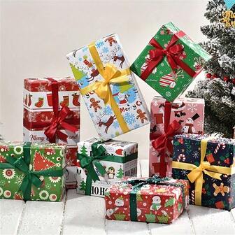 1 件圣诞礼品包装纸 - 重型节日纸，带有圣诞老人、树、HO HO HO！、礼物、雪花 - 红色、绿色、金色、蓝色、白色，适用于礼物、卡片、装饰品 - 无需电力 - 非常适合个人或商业用途、圣诞配件、季节性装饰、欢快的印花、光滑的纹理、节日包装、派对策划者、随机样式