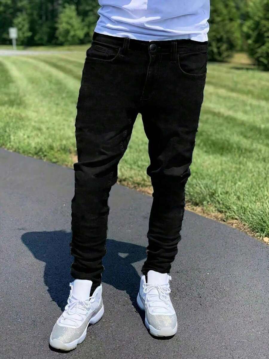 1pc Men's Black Elastic Skinny Fit Distressed Versatile Jeans, Comfortable Outdoor Casual Slim Fit Cargo Jeans, Suitable As Gift For Husband/Boyfriend, Daily Wear - màu đen - Xem 1