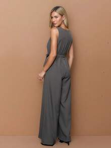 Elegant Linen Pantaloon Jumpsuit With Wide Legs And Discreet Pockets. TAILORED OVERALL WITH POCKET AND BELT. - Dark Grey - View 3