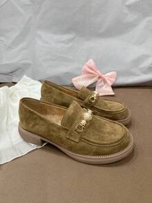 Comfortable Women's Flats, Deep Mouth Thermal Lining For Autumn/Winter, Faux Pearl Metal Decor, Soft Flat Oxfords, Elegant Casual Versatile For All Occasions