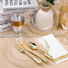 Zerulis 175 Pcs Plastic Plates, Clear And Gold Plates, Elegant Dinnerware Set For 25 Guests Include 25 Dinner Plates 10 Inch , 25 Dessert Plates 7 Inch, 75 Plastic Silverware, 25 Cups, 25 Napkins, Elegant Tableware Set For Wedding ,Party, Thanksgiving - 透明金 - 查看 8