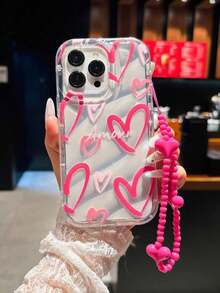 Funda protectora de teléfono con estampado de corazón rosa a prueba de golpes, con cuentas con forma de corazón, accesorio de moda para teléfono compatible con Apple 11, 12, 13, 14, 15 Pro Max/13 Pro Max, XR, XS, 16, 16 Pro Max, 17 Pro Max, 17 Air, etc. Regalo de aniversario, regalo de cumpleaños de primavera, regalo internacional, no la versión nacional, regalo de Pascua - Rosa Fucsia - Ver 2