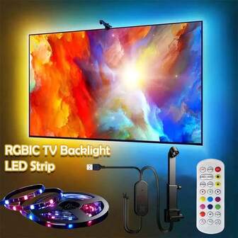 LED电视背光带RGBIC传感器和AR同步功能，USB供电，音乐同步，遥控器，兼容35-80英寸电视，适用于游戏室、卧室和客厅