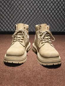 Autumn Leather High-Top Outdoor Boots For Men, Anti-Slip & Durable Thick Sole Work Boots (Random Stripe, Line, Letter Or Asymmetrical Pattern On Shoe Upper)