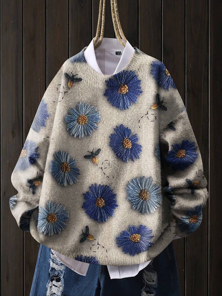 3D Floral Print Knit Sweater - All-Over 3D Daisy Pattern, Lightweight Sweater, Suitable For All Seasons, Loose Casual Jacket, Structured And Slimming - Blue - View 1