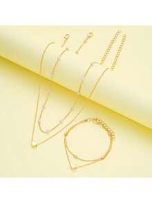 Juego de joyería de 3 piezas/1 set con collar, pulsera y accesorios a juego de perlas doradas multicapa con forma de corazón, ideal para uso diario, citas, reuniones pequeñas y todo tipo de combinaciones