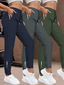 Women'S Casual Elastic Waist Sports Pants, Suitable For Running, Yoga, Workout, Slim Fit, Spring/Autumn Tights - 藍色 - 查看 1