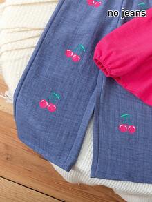 [Không phải denim] Bộ 2 áo cardigan cổ tròn màu trơn đơn giản cho bé gái kèm quần ống đứng in họa tiết trái cây, thích hợp mặc hàng ngày, ở nhà, ngoài trời, xuân/thu - Hồng - Xem 5