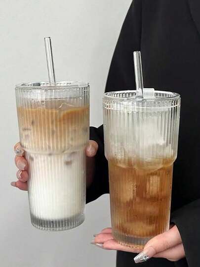 1pc Elegant Striped Glass Coffee Cup (With Lid & Straw), 600ml - Vertical Stripe Design, Fashionable Household Drinking Cup For Coffee, Juice And Tea - Ideal For Home And Restaurant Use, Great Gift For Mother's Day And Easter