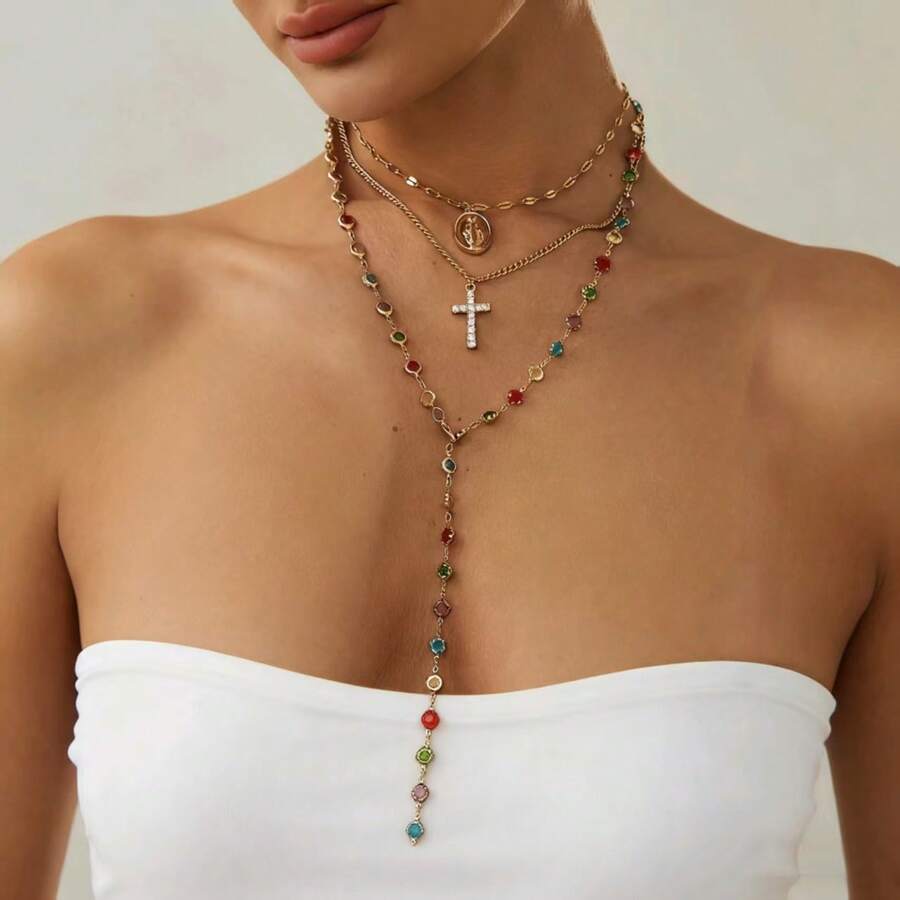 Set de 3 collares con colgante de cruz y Jesús vintage con relieve, decoración de rhinestones de colores, collar largo adecuado para uso diario, fotografía callejera y regalo del Día de la Ascensión. La longitud de la cadena es personalizada y la combinación de colores de los rhinestones es aleatoria.