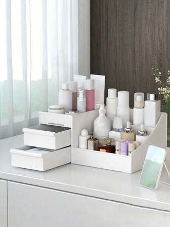 双层办公桌收纳盒，抽屉式化妆品收纳盒，大容量化妆品收纳架，多功能储物架，展示盘，储物篮，适用于厨房，客厅，卧室，浴室，化妆品，口红，香水，眼影盘，化妆刷，眉笔等。