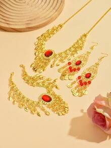 1 Set Glamorous Dance Earrings, Headdress, Necklace Combination, Shiny Gold Tassel Bridal Dance Accessories Set