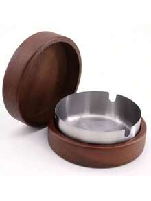 1pc Ashtray With Lid, Creative Nordic Style Wooden & Gold Round Ashtray For Home & Office Use, Anti-Ash - Brown - View 13