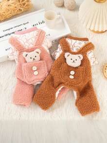 1pc Solid Color Pet Jumpsuit, Cute Plush Design, Dog/Cat Clothes, Autumn/Winter Thermal Lined Warm Overalls With Snap Buttons, Suitable For Dogs And Cats - Coffee Brown - View 5