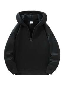 Men's Half-Zip Sweatshirt, Fashion Minimalist Solid Color Velvet Long Sleeve Sweatshirt, Autumn/Winter - Black - View 2