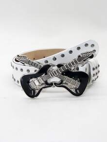 1 件女士朋克吉他几何图案铆钉 PU 皮革腰带，装饰性，派对 - 白色 - 查看 12