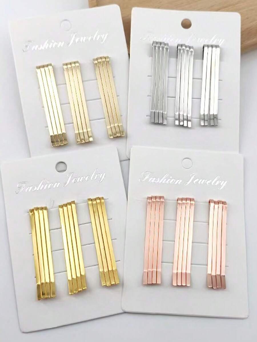 12pcs Women's Basic Smooth Metal Hair Clips, Minimalist Hair Claws For Buns, Bangs, Steel Clips, Side Clips Hair Accessories - Multicolor - View 1