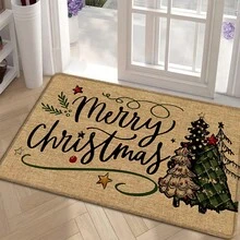 1 pièce Tapis de cuisine en lin imprimé motif sapin de Noël, cadeau de Noël, décoration de Noël, tapis de cuisine, tapis de sol, tapis de salle de bain, paillasson, rectangle imprimé en 3D, convient pour le salon, la chambre, le couloir, la salle de bain, la buanderie - Tapis en polyester, décoration d'intérieur et d'extérieur
