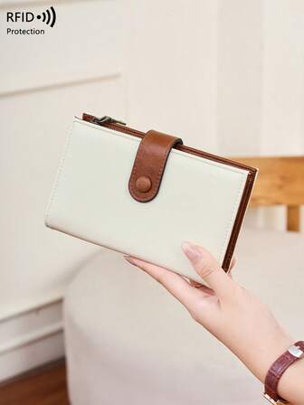 复古时尚纽扣女士钱包，多功能大容量三折信用卡夹，防盗钱包，适用于信用卡/身份证/硬币/现金/收据/照片/票证/护照，女士拉链口袋手拿包，礼物，生日礼物，周年纪念，男士钱包，零钱包，小钱包，皮革 RFID 钱包，适合外出、购物