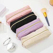 1pc Corduroy Pencil Case: Simple, Fashionable, Spacious, Suitable For Middle School Students, School Supplies - Pink - View 3