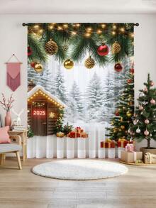 1pc Christmas Gift Christmas Snowman, Reindeer, Christmas Tree Atmosphere Decorative Sheer Curtain, Translucent But Not See-Through Window Voile Curtain, Suitable For Living Room And Bedroom, Door Curtain, Kitchen Curtain, Noise Reduction, Christmas Decorative Rod Pocket Sheer Curtain (100g Fabric Weight)