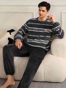 2pcs/Set Men's Striped Flannel Fluffy Pajamas, Crew Neck Pullover & Pants Loungewear, Autumn/Winter, Fall Winter Clothes, Cozy