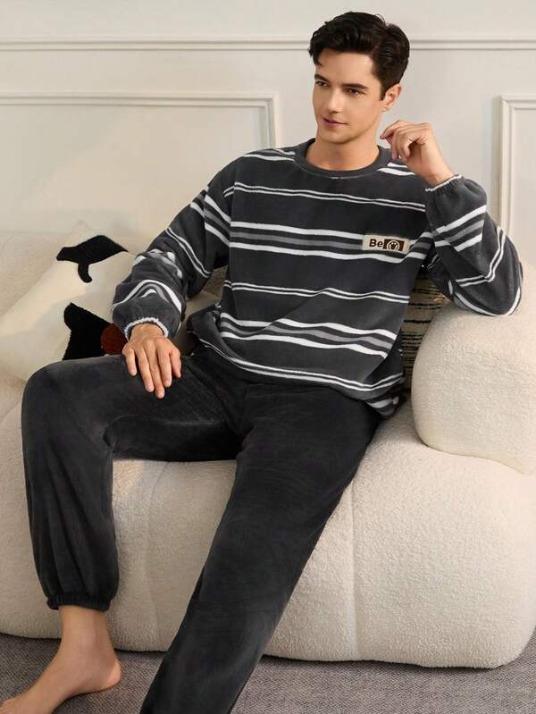 2pcs/Set Men's Striped Flannel Fluffy Pajamas, Crew Neck Pullover & Drawstring Waist Loungewear, Autumn/Winter, Fall Winter Clothes