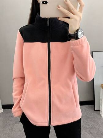 Women's Outdoor Fleece Jacket, Stand Collar, Slimming, Thickened, Warm, For Hiking & Sports, Autumn/Winter,Skiing