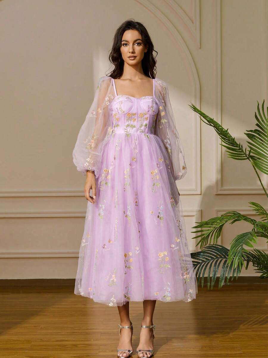 Đầm dạ hội màu xanh lá cây lãng mạn dành cho nữ, cổ áo hình trái tim, lớp vải voan mỏng họa tiết hoa, tay áo dài phồng. - Màu tím hoa cà - Xem 1