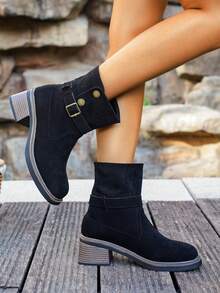 Westlicher Stil Schnallen Urlaubs Flip-Flop Cowboy Stiefel, High Heel Knie-hohe Stiefel, Plateau-Absatz Stiefel für Frauen, schwarze Plateau-Stiefel mit Schnalle und quadratischer Zehenform