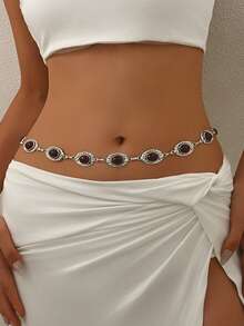 1件复古时尚个性金属花卉做旧微镶红色仿宝石几何圆盘腰链。精致的设计感，不对称纹理银色腰带、裙链、裤链。适合女性日常穿着和派对（手工链条可能有轻微瑕疵） - 銀色 - 查看 2