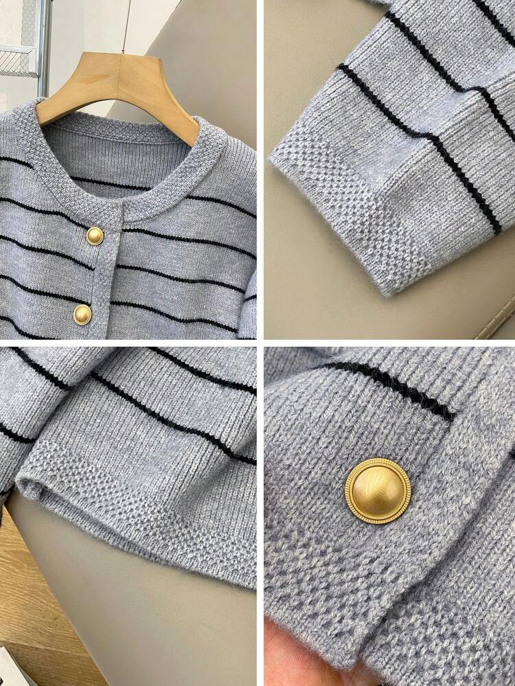 Casual Versatile Minimalist Striped Cardigan, Autumn/Winter - Light Grey - View 8