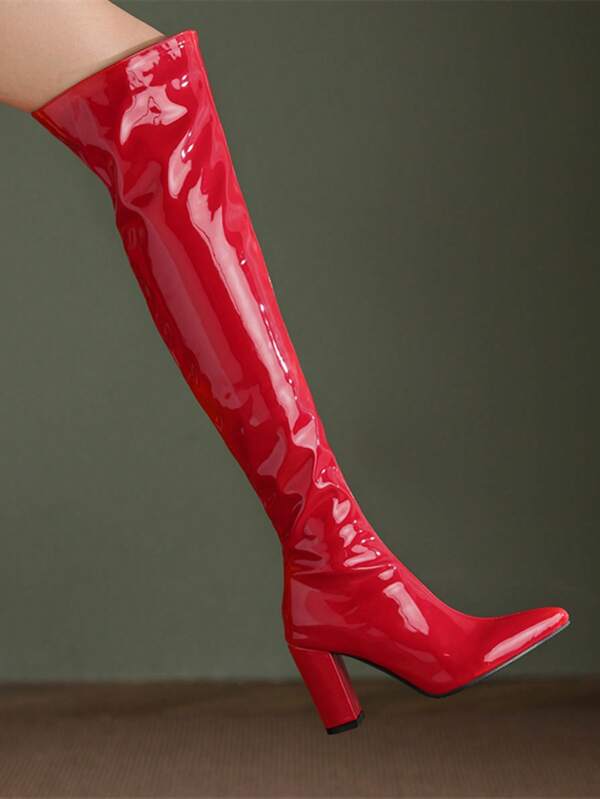 European & American Fashion Pointed Toe Chunky Heel Thigh High Boots For Women, Patent Leather Versatile Slim Leg Boots, Sexy Street Style, Autumn/Winter