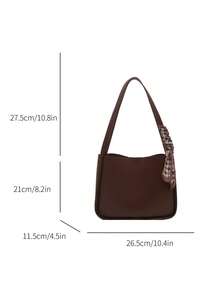 2pcs Vintage Silk Scarf Decor PU Solid Color Stitched Large Capacity Handheld Tote Bag, Portable Classic Casual, Suitable For Women, College Students, Office Workers, Applicable For Work, Back To School, Holidays And Multiple Occasions - Coffee - View 4