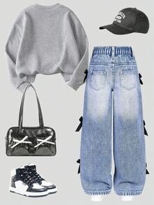 青少年女孩字母图案印花圆领长袖上衣和牛仔裤套装 - 灰色 - 查看 2