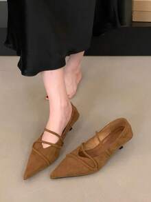 Zapatos de tacón de aguja tipo Mary Jane de ante retro francés de primavera 2025, zapatos de tacón de gatito para ir al trabajo y fiestas para mujeres - Marrón - Ver 4