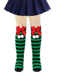 1 par de calcetines largos a la rodilla con rayas, pompones y moños para niñas y adolescentes en Navidad