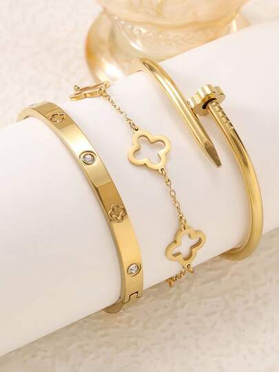 1 Set Bracciale in acciaio inossidabile minimalista a fiore cavo, 3 pezzi, alla moda, versatile, elegante, creativo, adatto per uso quotidiano, regalo per donna