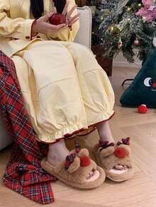 XIXITIAO 1 para uroczych pluszowych kapci z poroża renifera w kolorze czerwonym, unisexowe kapcie domowe z miękką podeszwą, kapcie dla pary, świąteczne płaskie kapcie z motywem renifera w kolorze czerwonym, wygodne i modne lekkie kapcie domowe - Brązowy - Zobacz 3